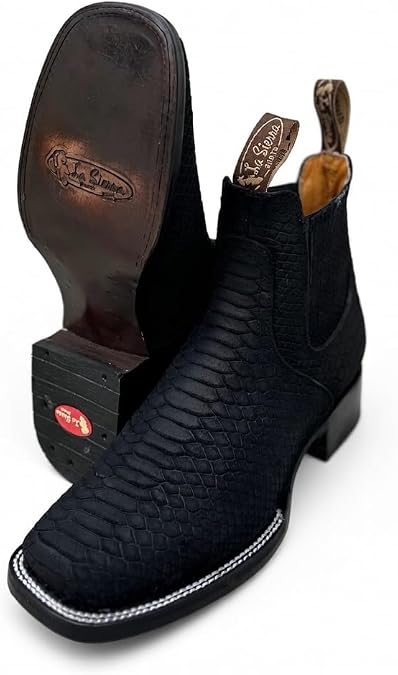 Mens Genuine Leather Square Toe Embossed Python Snakeskin Print Short Ankle Cowboy Boots - Black or Brown