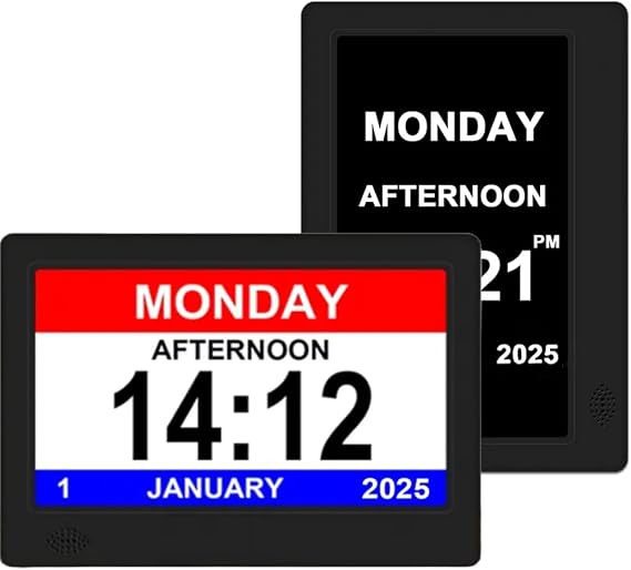 Large Display Digital Day Clock for Elderly - Alzheimer's & Dementia Clock, Multiple Alarms- Medication, Doctor, Easy Read, Auto Dimming, Memory Loss Aid, Multi-Language New 2025 (Black)