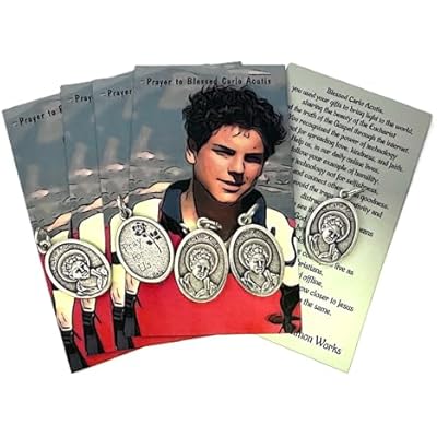 Westmon Works St Carlo Acutis Medal Set Italian Metal Pendants with Holy Cards, 5 of Each