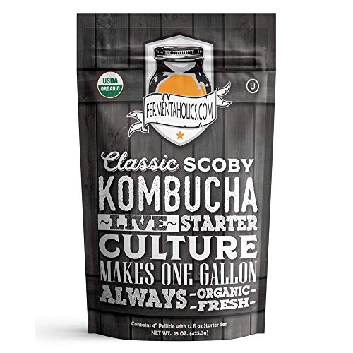 Fermentaholics ORGANIC Kombucha SCOBY With Twelve Ounces of Starter Tea - Live Starter Culture - Makes A One Gallon Batch - 1.5 Cups of Strong Mature Starter Tea - Brew Your Own Kombucha 1 Pack, 1, Count