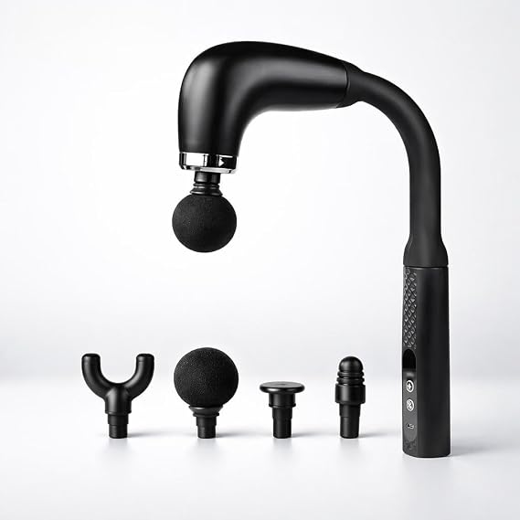 SMAYLING Uzatmalı Masaj Tabancası – 120° Kavisli Uzun Saplı, 9 Kademeli Hız Ayarlı – 4 Başlıklı Derin Doku Masaj Aleti – USB Type-C Şarjlı, Kablosuz – Boyun, Sırt, Bel ve Bacak İçin