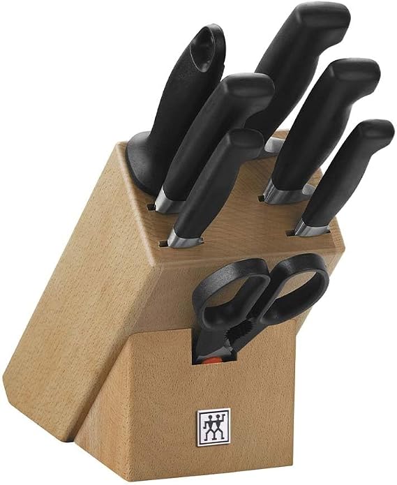 Zwilling Four Star 8 Piece Block Knife Set Natural Wood Block, Stainless Steel And Wood, Black
