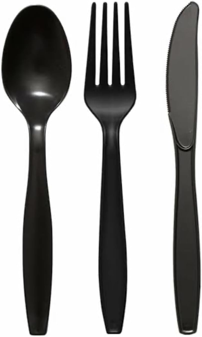 Plastik Lüks Çatal-kaşık- Bıçak 3 Lü Siyah Siyah Set 100 Lü