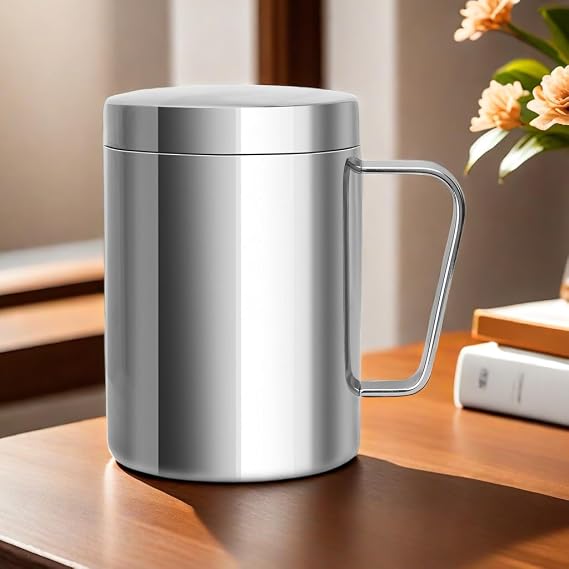 Stainless Steel Double Coffee Mug,13.5oz/400ml Tea Mug with Lid,Metal Coffee Tea Cup,Camping Coffee Mug,100% BPA Free,Be suitable for Hot and Cold, Silver