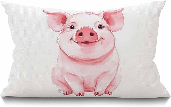 Smooffly Pig Pillow Lovely Pink Pig Watercolor Cotton Linen Home Living Room Decorative Throw Pillow Cases Cushion Cover 12x20 Inch Rectangle Waist Pillowcase