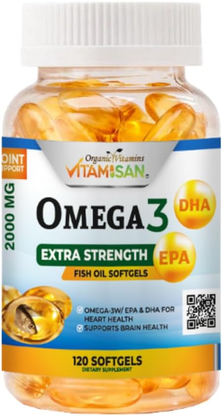 Organic Vitamins super Omega 3 Ultra Pure Fish Oil Concentrate, EPA & DHA Triple Strength, Omega 3 Fatty acids, Burpless 120 softgels