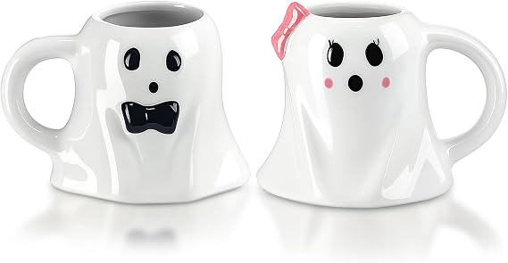 Baderke 2 Pack Halloween Ghost Mugs, 12 Oz Mr and Mrs Coffee Cups | Spooky Ghost Shape with Bowtie and Bow Decoration, Ceramic Drinkware Set for Couple Gifts, Bachelorette, Wedding Party Favors