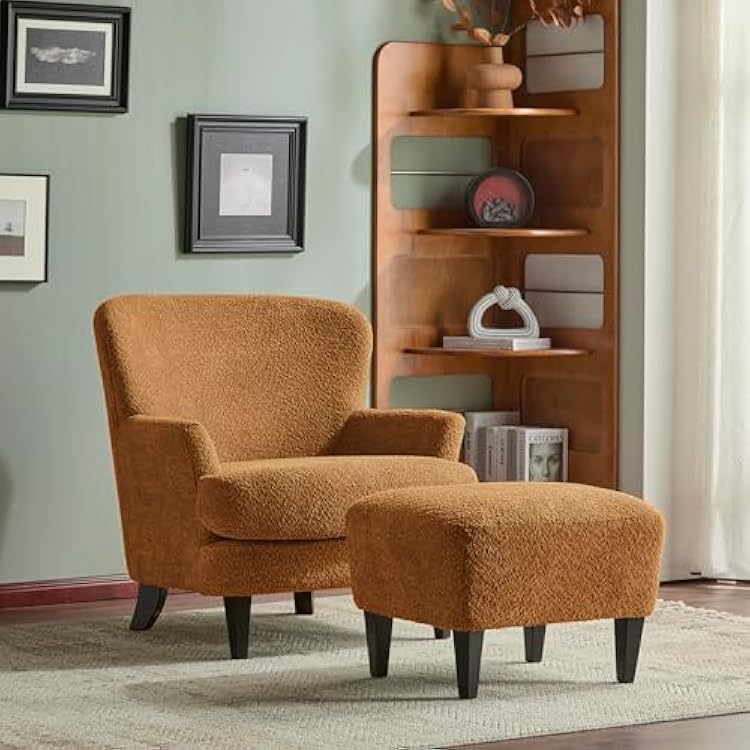 Christopher Knight Home Winnie Boucle Upholstered Wingback Accent Chair and Ottoman Footrest, Living Room Lounge Chair and Ottoman Set, Bedroom Comfy Reading Chair with Footrest Stool, Caramel Orange