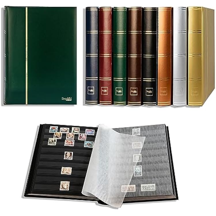 Prophila Stamp Album Stockbook 60 Black Sides, Leatherette Padded Green Cover