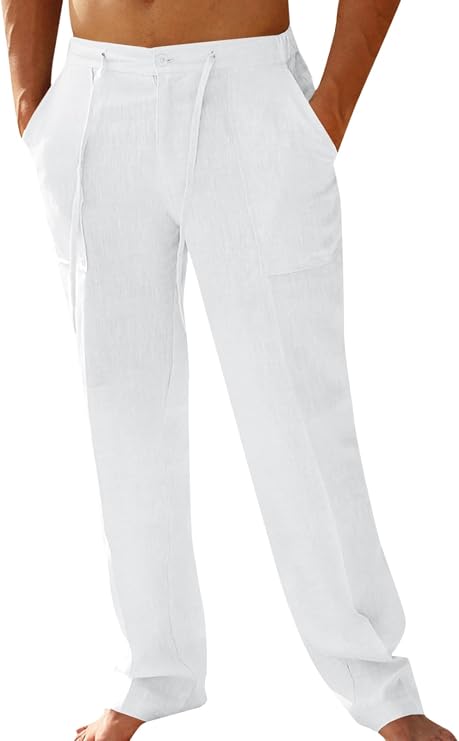 PASLTER Mens Cotton Linen Pants Casual Summer Beach Pants Dress Trousers