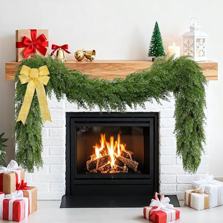 Palonu 1 Pcs 9Ft Christmas Cedar Garland, Artificial Realistic Greenery Faux Garlands Touch Like Real Cypress Pine Xmas Decor, Fireplace Mantle Table Stairs Porch Indoor Outdoor Holiday Decoration