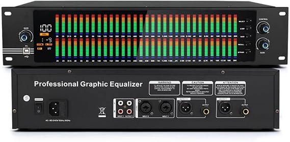Digital Equalizer, Single/Double 31-Band Stereo Graphic EQ, with LED Light Display, 10 Preset Effects, PC Debugging, Automatic Noise Reduction, High, Mid and Bass Adjustment, for Recording Studio(Dual