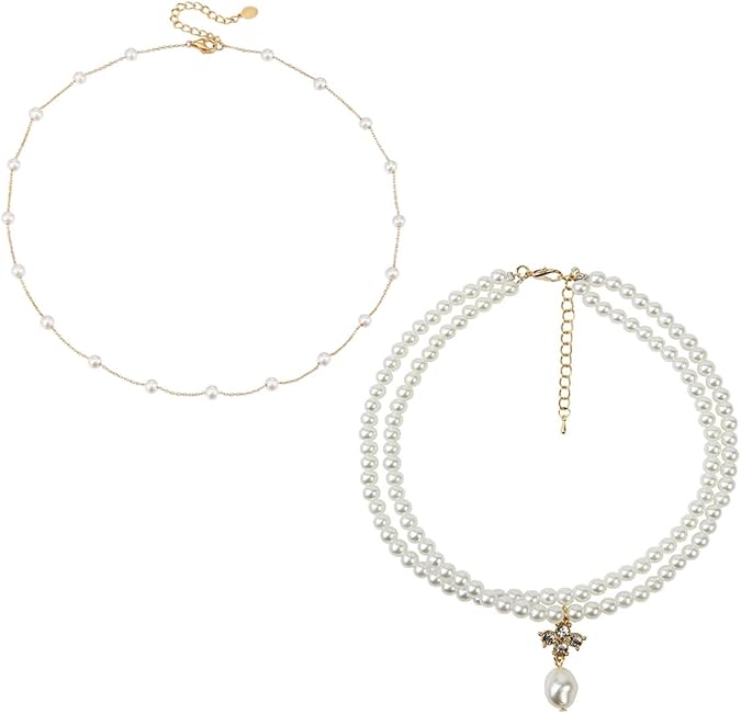 2 Tier Pearl Necklace and Gold Pearl Necklace Pearl Necklaces for Women Dainty Gold Choker Beach Necklaces Adjustable Summer Jewelry as Bride Bridesmaid Wedding Birthday Gifts (2PCS)