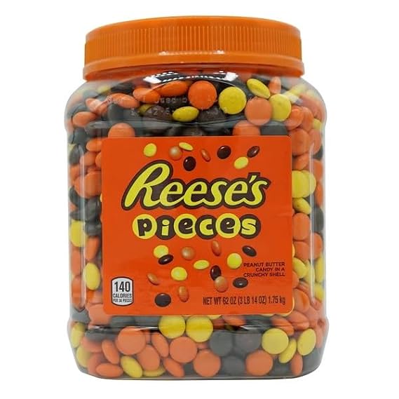 Reses Pieces 62 oz Bulk Jar Peanut Butter Candy in Crunchy Shell, 3.88 lbs