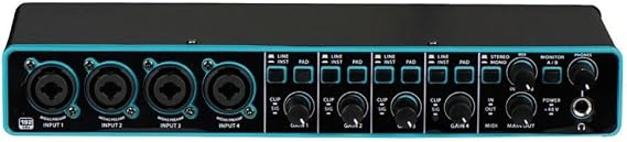 Professional USB Audio Interface with 4x4 Configuration and Built in Mic Preamplifier for Music Production and For Studio Recording