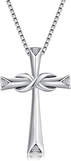 Sterling Silver Cross Necklace for Women, 12 Birth Stone Color Cubic Zirconia Double Cross Pendant Faith Jesus Christians Jewelry