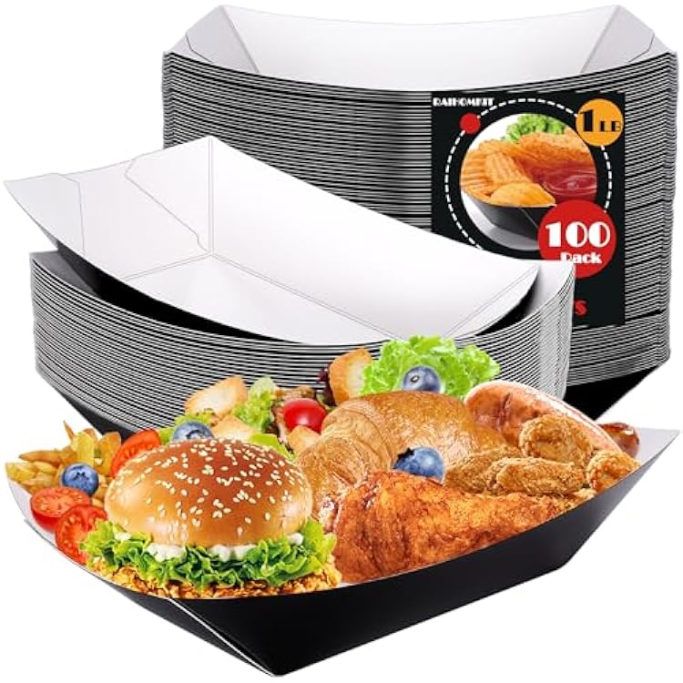 Paper Food Trays, 100 Pcs Disposable Serving Boats, Nacho Trays for Condiments, Snack & Taco Party Black & White, 1 LB