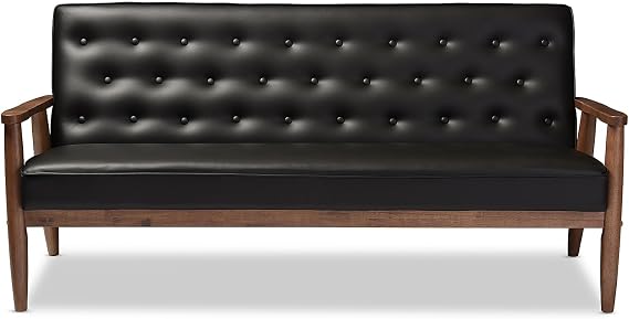 Baxton Studio Sorrento Mid-Century Retro Modern Faux Leather Upholstered Wooden 3-Seater Sofa, Black