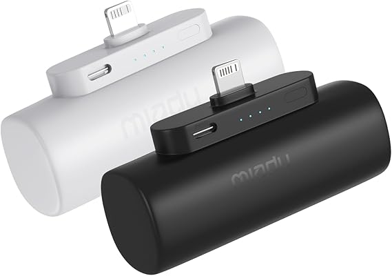 Miady 2-Pack Mini Portable Charger Built-in Connector Compact Battery Pack | 5000mAh PowerBankNot for AndroidLightweightfor TravelCompatible with iPhone 14/13 SeriesFlight-Safe18WhBlack+White