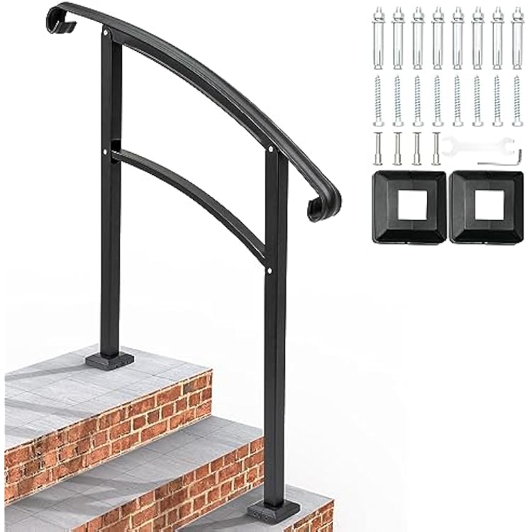 TMEE Handrails for Outdoor Steps 3 Step Handrail Fits 2 to 3 Steps Wrought Iron Stair Railing Flexible Front Porch Hand Rail Transitional Handrail with Stair Railing Kit