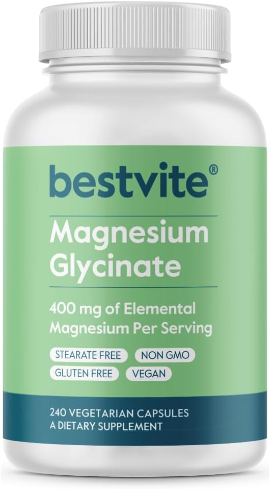 BESTVITE Filler-Free Magnesium Glycinate - 400mg of Magnesium per Serving 240 Veg Caps- Chelated Bisglycinate for Muscle, Relaxation, Stress & Sleep Support - For Men & Women - No Stearates - Vegan