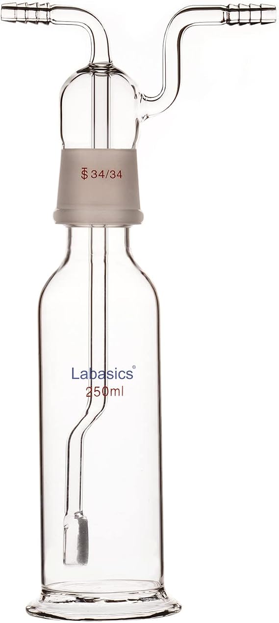 Labasics Gas Washing Bottle, Borosilicate Glass 34/34 Stopper Gas Bubbler Gas Washing Bottle with Fritted Disc and 10 mm OD Inlet/Outlet Hoses, 250 ml