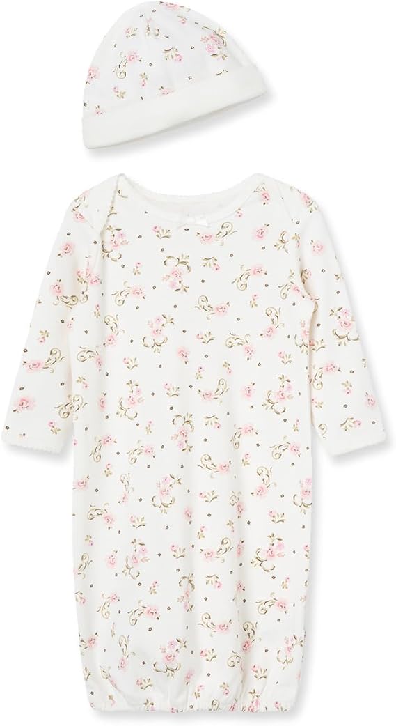 Little Me Clothes for Baby Girls' 2-Piece Nightgown and Cap Set 100% Cotton with Elastic Bottom, Baby Essentials