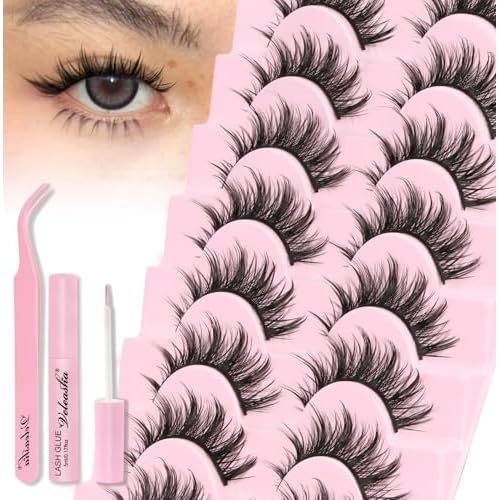 Veleasha Lashes Kit Natural Eyelashes Manga Spiky False Eyelashes Crisscross Wispy Fake Lashes Soft wirh Glue & Tweezers with Cotton Band 8 Pairs Pack Natural Kit