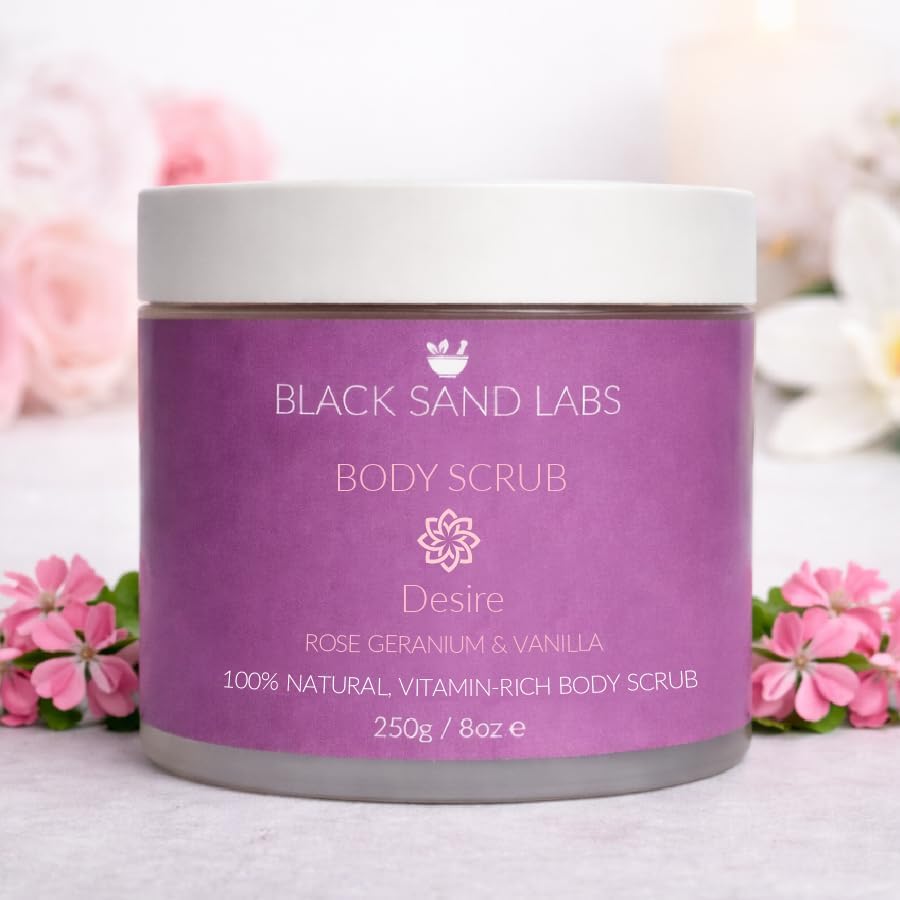 Dead Sea Salt Scrub – Natural Exfoliating Body Scrub with Coconut, Jojoba & Essential Oils – Moisturizing Body, Foot & Hand Scrub – Parfume & Dye-Free – 250g (Rose Geranium & Vanilla)