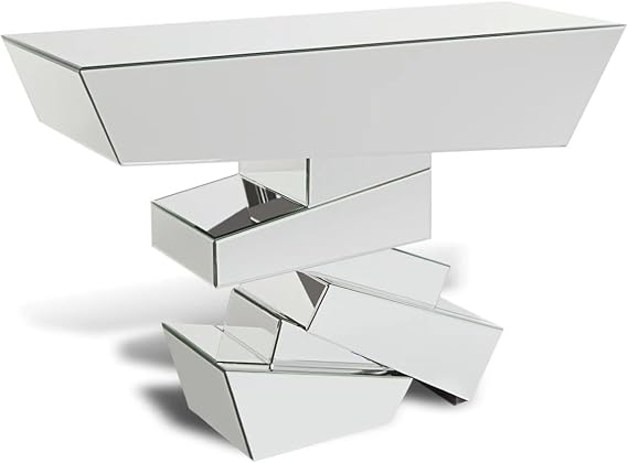 ZURI Furniture Modern Naxos Console Table Mirrored Glass Finish Sharp Geometric Design