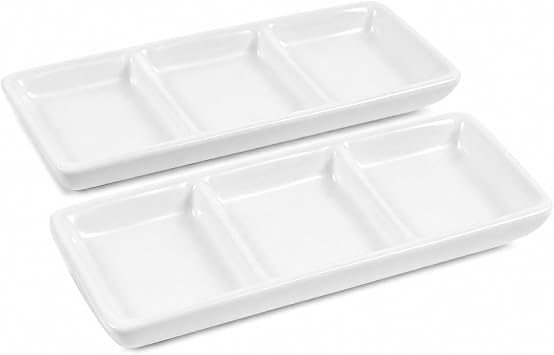 Healeved 2-Pack Ceramic Appetizer Serving Tray Set 3-Compartment Rectangular Divided Sauce Dishes for Soy Sauce Dips Condiments 11.81X4.96X1.96 Inch