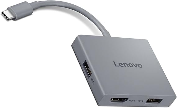 Lenovo USB-C 4 in 1 Travel Hub Block with Integrated Cable, 1x HDMI 4K @ 60Hz, 2X USB-A 3.2, 1x 3.5mm Combo, Luna Grey Portable, Compact, High-Speed Connectivity Laptops PC Gaming Console Charging