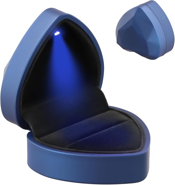 Ring Box with LED Light, Wedding Ring Box, Heart Shaped Ring Case with Velvet, Luxury LED Ring Jewelry Case for Valentine' Day Proposal Engagement Wedding Birthday Christmas (Blue)