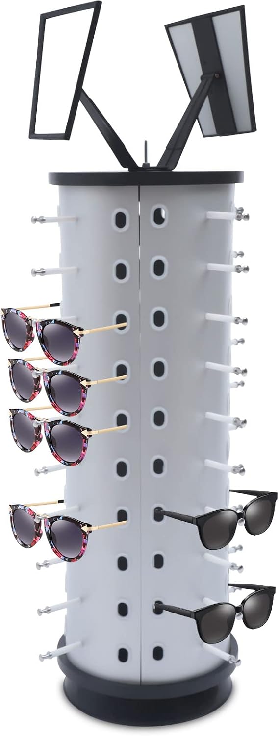40 PCS Sunglasses Display Stand with Adjustable Mirror, 360 Eyeglass Holder Stand Counter Top Display Rack for Retail (Round 40 Pairs)