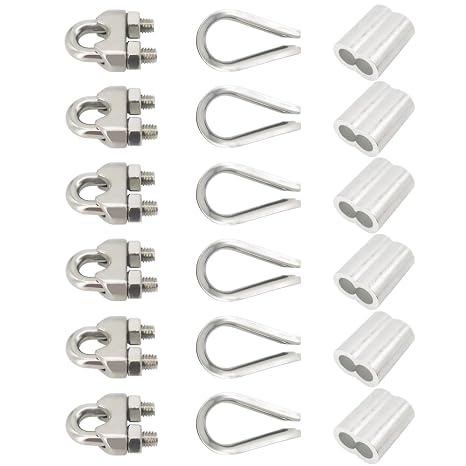 Wire Rope Accessory Set 304 Stainless Steel M4 Wire Rope Cable Clamps Stainless Steel Thimble and Aluminum Crimping Loop for 3/16 Inch Wire Rope Cable