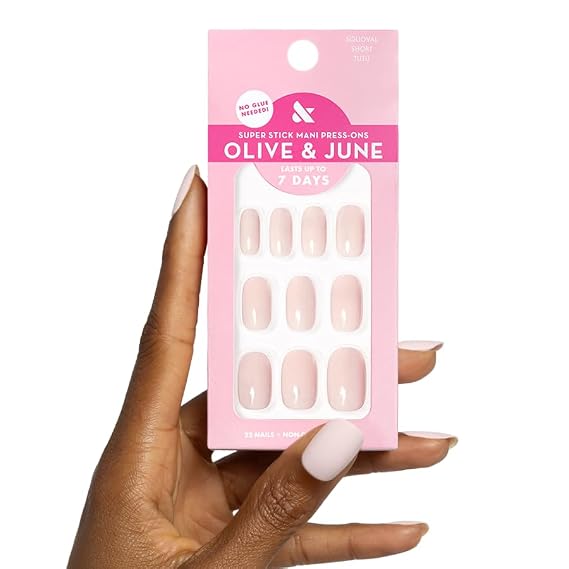 Olive & June Super Stick Press-On Nails, Tutu | No glue needed; 32 non-toxic tab nails in 16 sizes, easy on-off, non-damaging, 7-day wear; salon-quality mani at home