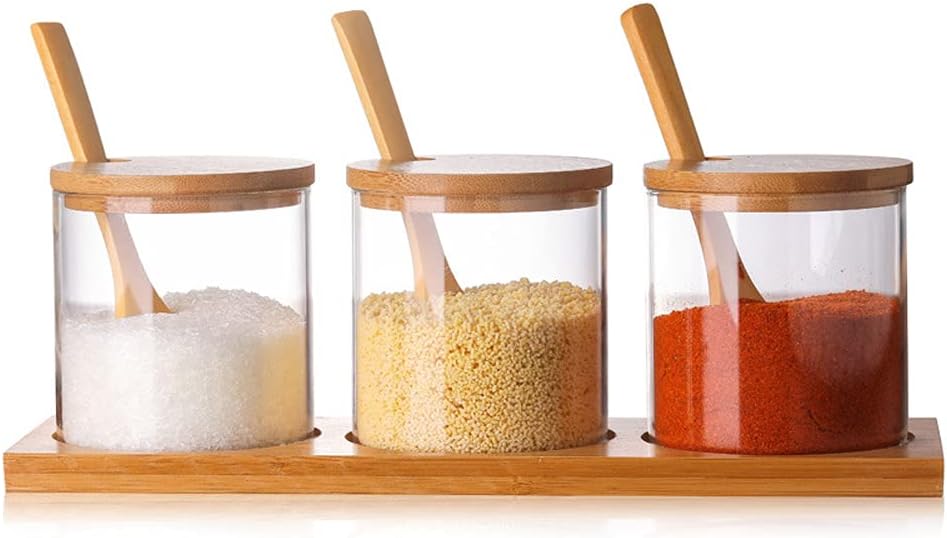 Hniuyun Condiment Container Seasoning Box Set, Glass Condiment Canisters Pots, Salt Sugar Spice Coffee Jar with Bamboo Wooden Spoon Lid and Base, Set of 3 10oz