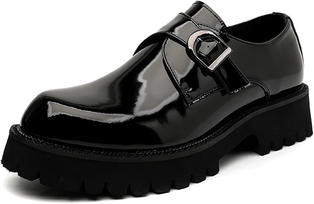 Men's Leather Platform Slip-On Loafers Fashion Monk Buckle Round Toe Lug Sole Penny Shoes Casual Business Work Flatform Dress Shoes