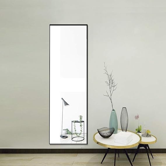Tempered Mirror 59" x 16" Tall Full Length Mirror with Stand, Black Wall Mounting Full Body Mirror, Metal Frame Full-Length Mirror for Living Room, Bedroom