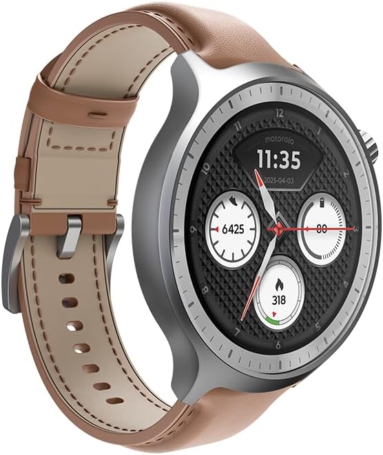 Motorola Moto Watch, OLED 1.4" Display, Bluetooth 5.3, Moto AI, Round, White Leather Band, Built-in GPS, Waterproof, for Android Devices (Mocha Mousse)