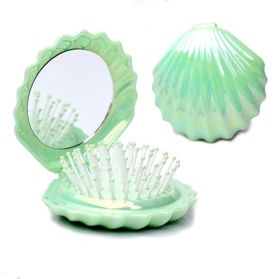 Metallic Shinning Finish Foldable Travel Hair Brushes with Mirror Shell Shape Portable Folding Pocket Hair Brush Mini Hair Comb Compact Size Hair Massage Comb (Green)