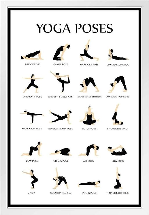 Workout Posters For Home Gym Yoga Poses Reference Chart Studio Black White Exercise Motivational Class White Wood Framed Wall Art 14x20