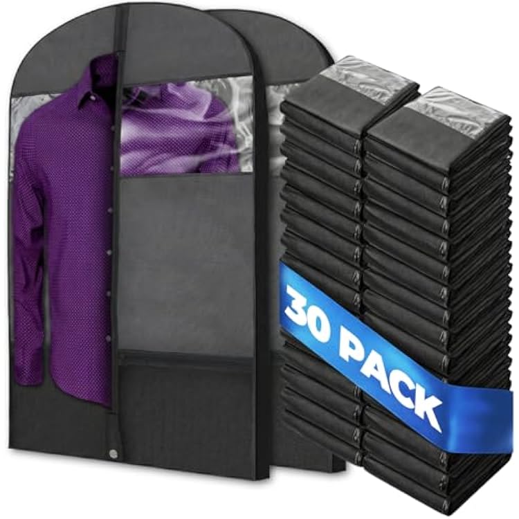 Plixio Gusseted Garment Bags Suit Bag for Travel and Clothing Storage of Dresses, Dress Shirts, Coats Includes Zipper Pockets and Large Transparent Window 15 Pack: 43 x 24 x 3.4