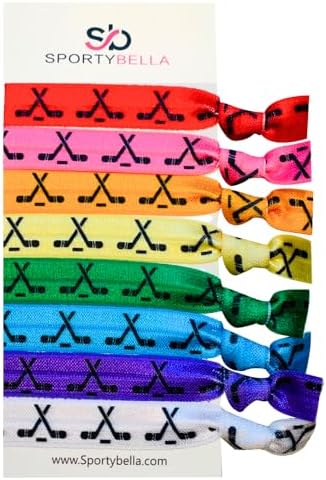 Sportybella Multicolored Hair Ties and Accessories - Elastic No-Crease Set for Girls, Ice Hockey Players & Teams. Ice Hockey Gifts, 8pcs.