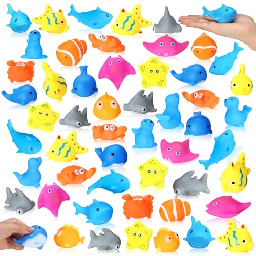 Poen 100 Pcs Rubber Bath Toys Bulk Cute Sea Animals Bathtub Toys Floating Ocean Squeaky Animals for Birthday Party Supplies Summer Pool Favors Baby Shower Classroom Carnival Prizes, 10 Styles