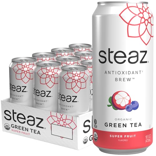 Steaz - Organic Green Tea - Superfruit 12 Pack - Antioxidant Brew - 65mg Natural Caffeine, 90 Calories, Vitamin C - Cane Sugar Sweetened Iced Tea - Vegan, Fair Trade - 12 Cans, 16 fl oz 473mL