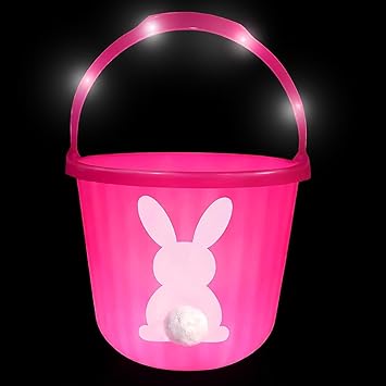 GIFTEXPRESS 1pc Pink LED Light Up DIY Bunny Tail Easter Egg Hunt Basket Bucket, Plastic Candy Pail for Girls, Ideal Easter Egg Night Hunt for Kids at Church Event and Home
