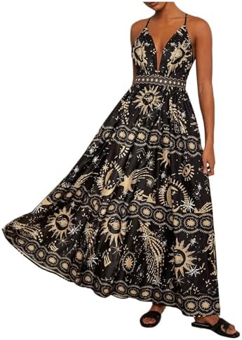SHENHE Womens Summer Tropical Sundress Deep V Neck Criss Cross Backless Flowy Maxi Dress