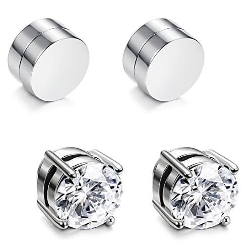 JOERICA 2-4 Pairs 6-8MM Stainless Steel Stud Earrings for Men Women Non Piercing Clip on CZ Earrings Black Silver