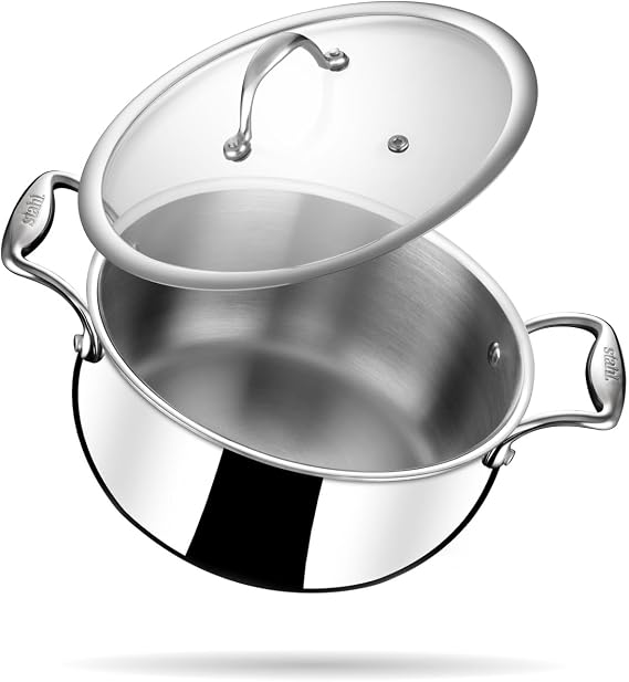 Stahl Triply Stainless Steel Sauce Pot with Lid | Stainless Steel Belly Casserole | Tri Ply Biryani Pot with Induction Base | Artisan 4182, Dia 22 cm, 4.3 L (Serves 5 People)